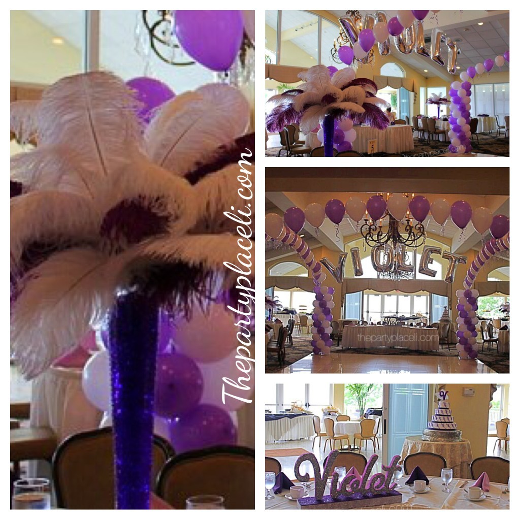 Gorgeous Name Arch & Balloon Columns with Feather Centerpieces