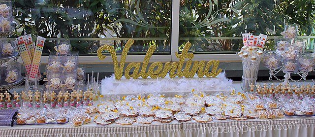 First Communion Candy Buffet with Name Centerpiece Gold and Silver