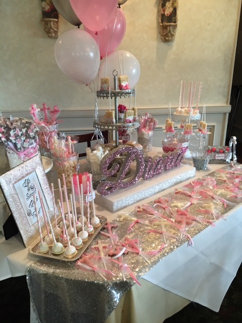 pink &white candy buffet communion