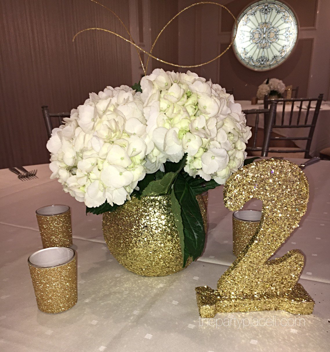 White and gold Glitter vase centerpiece
