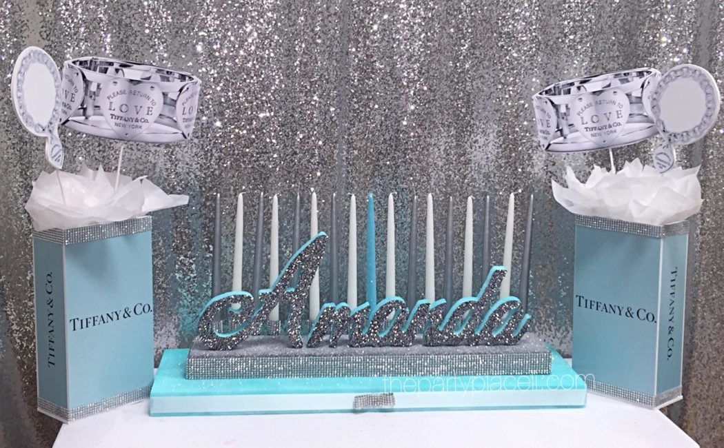 Tiffany theme candelabra centerpiece